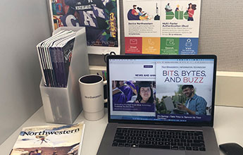 Image of a laptop featuring the Northwestern IT website and newsletter, Bits, Bytes, and Buzz