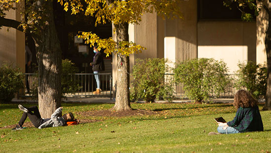 Students using devices on the Deering lawn in the afternoon
