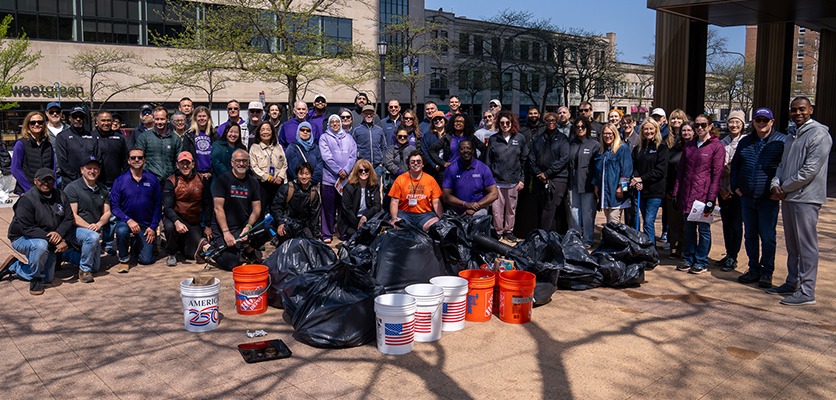 Northwestern staff participate in cleaning up litter in Evanston. 