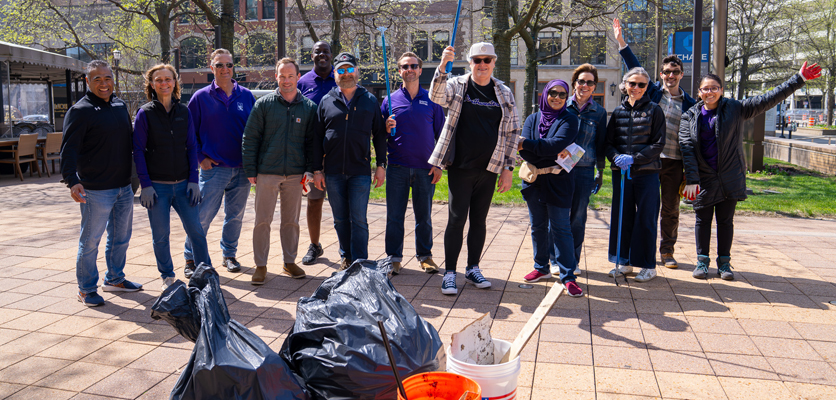 Northwestern staff participate in cleaning up litter in Evanston. 