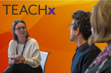 Three people having a discussion with the TEACHx logo displayed behind them.