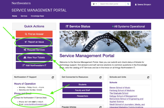 Image of Service Portal homepage featuring how to submit a ticket