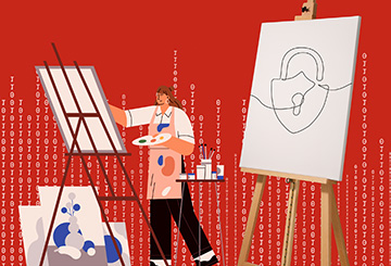 An artist with a palette paints beside an easel displaying a line drawing of a padlock against a red background with repeating stylized text.