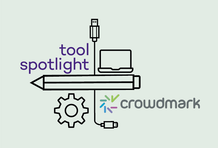 Illustration of a pencil, gear, USB, laptop, and the Crowdmark logo with the text "tool spotlight."