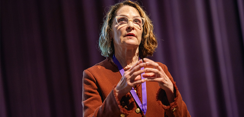 9. Beth A. Plale, PhD, Michael A., and Laurie Burns McRobbie Bicentennial, Professor of Computer Engineering and Executive Director, Pervasive Technology Institute, Indiana University, answers a question after her keynote address.