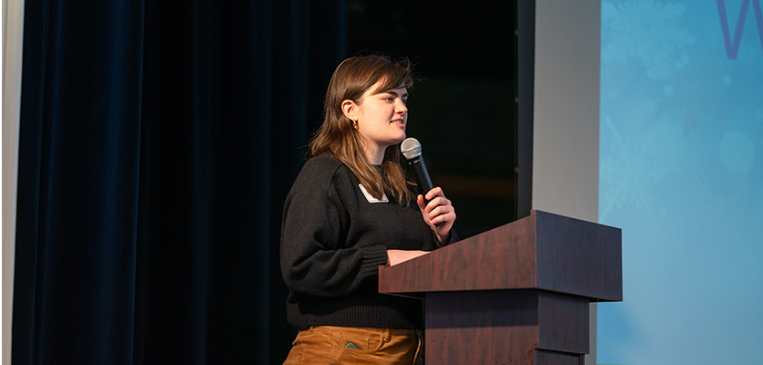 Lara Johnson, user support specialist, emcees the “How Well Do You Know Northwestern IT’ trivia game and keeps the crowd entertained. 