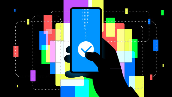 A silhouette of a hand holds a smartphone in front of colorful geometric shapes and dotted lines.