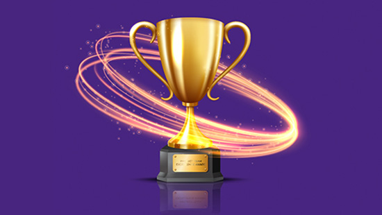Golden trophy with glowing light trails on a purple background.