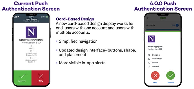 comparison of Duo authentication screens in 3.x.x version and 4.0 version