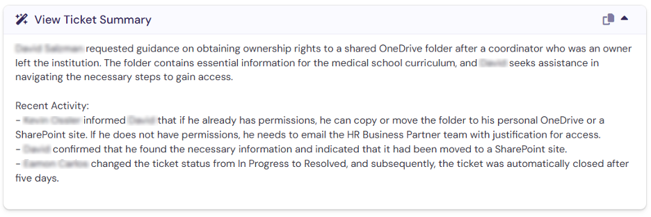 screenshot of TDX ticket summary text
