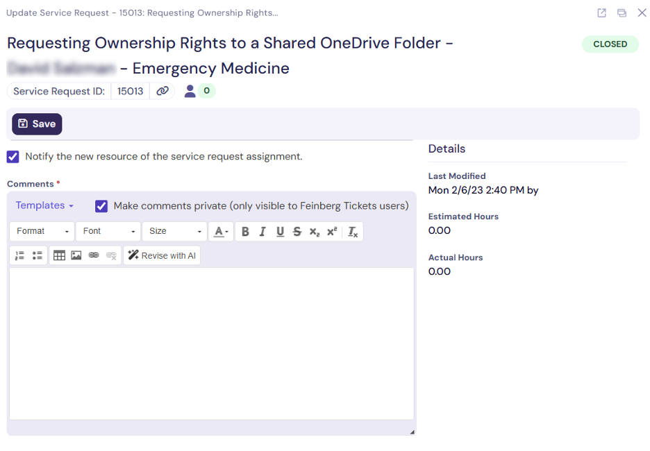 screenshot of TDX ticket