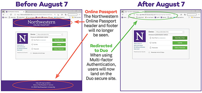 This image is a comparison of the changes to the Duo MFA log in screen.