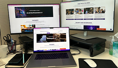 Laptop with multiple screens showing the Northwestern IT AI website