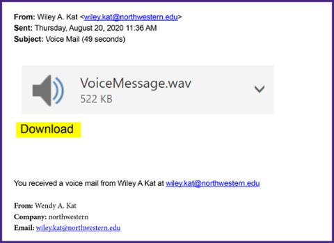 phishing email example: voicemail