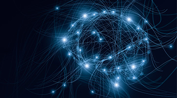 AI. Digital brain shaped with blue neural connection lines and glowing dots
