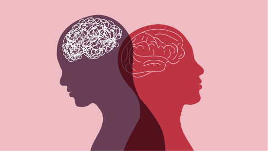 Two overlapping silhouettes of human heads with differently styled brain illustrations.