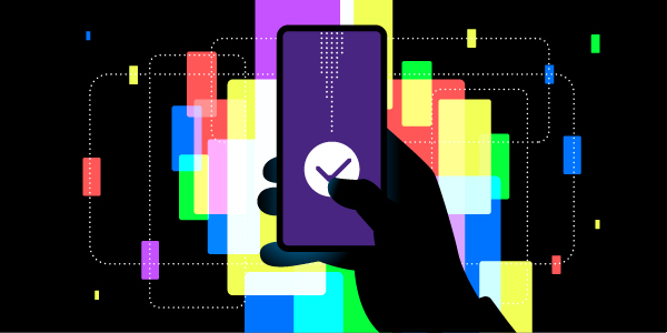 A silhouette of a hand holds a smartphone in front of colorful geometric shapes and dotted lines.
