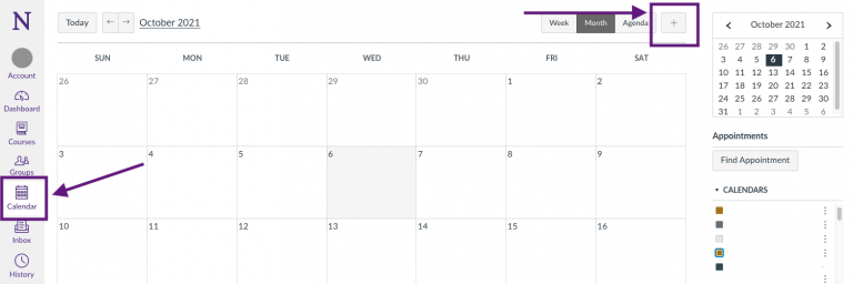 Using (+) box in upper right corner to add event in Canvas Calendar