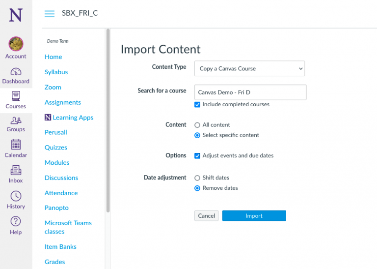 Suggested settings when importing course content from another Canvas course: "select specific content" and "remove dates"