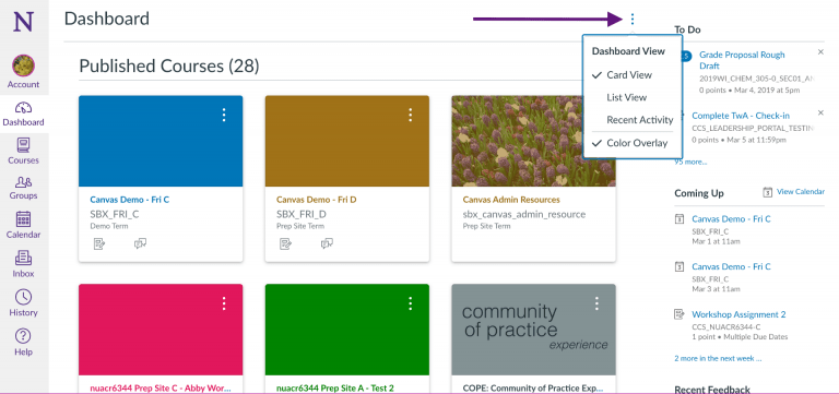 Card View of the Canvas Dashboard (default view) and menu button to change the view