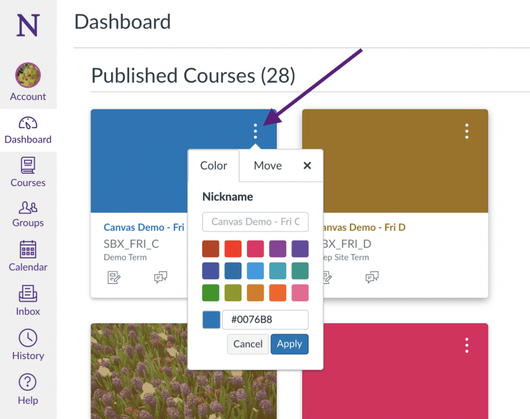 Changing the color, nickname, and arrangement of a course on the Canvas dashboard (in Card View)