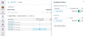 enhanced gradebook filter on, with slideout menu on right