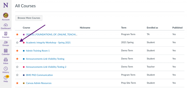 All Courses page in Canvas and the star icon used to favorite a course