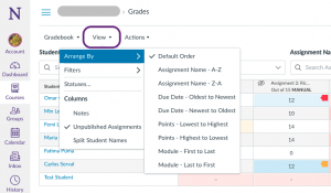 sorting Canvas gradebook using View menu