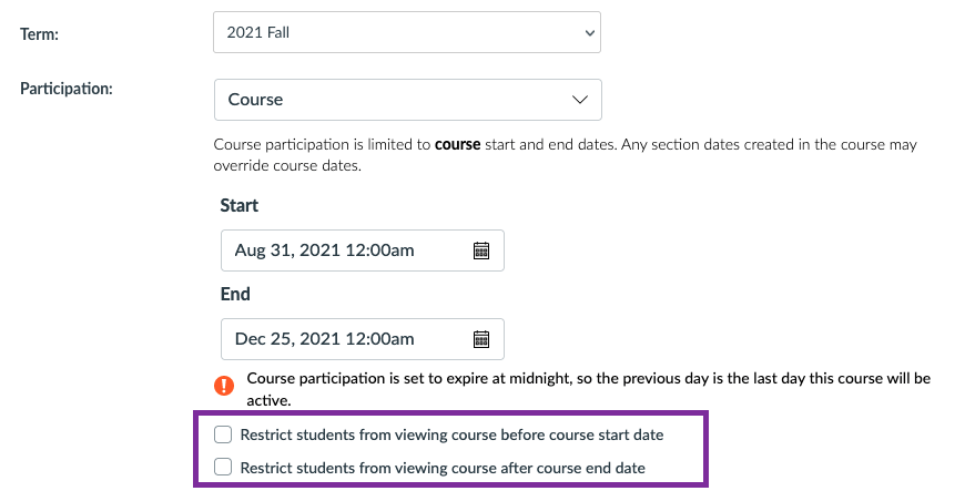 Canvas course Settings page showing the boxes that can be selected to fully restrict students from viewing a course before or after the course dates