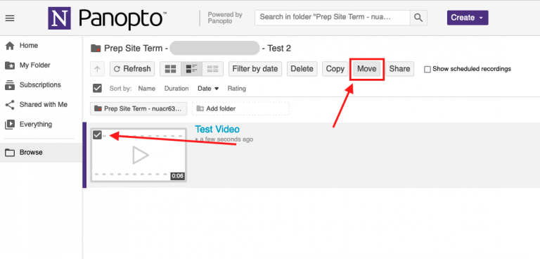 Locate the video in your Panopto account then select “Move” to send it to another course’s folder