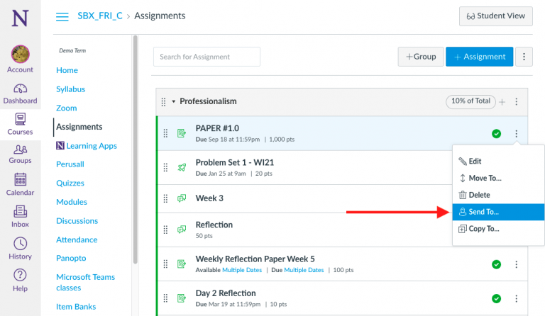 Locating the Send To function in a Canvas course item