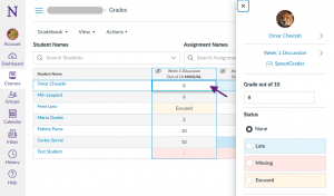 slide-out assignment status menu in Canvas gradebook