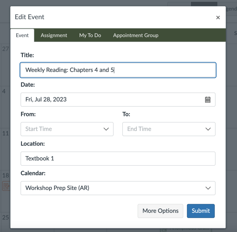 Interface for creating a calendar event in Canvas.