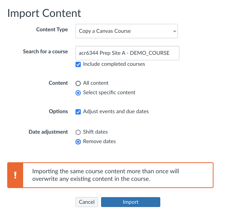 Recommended selections for importing content to a new Canvas course.