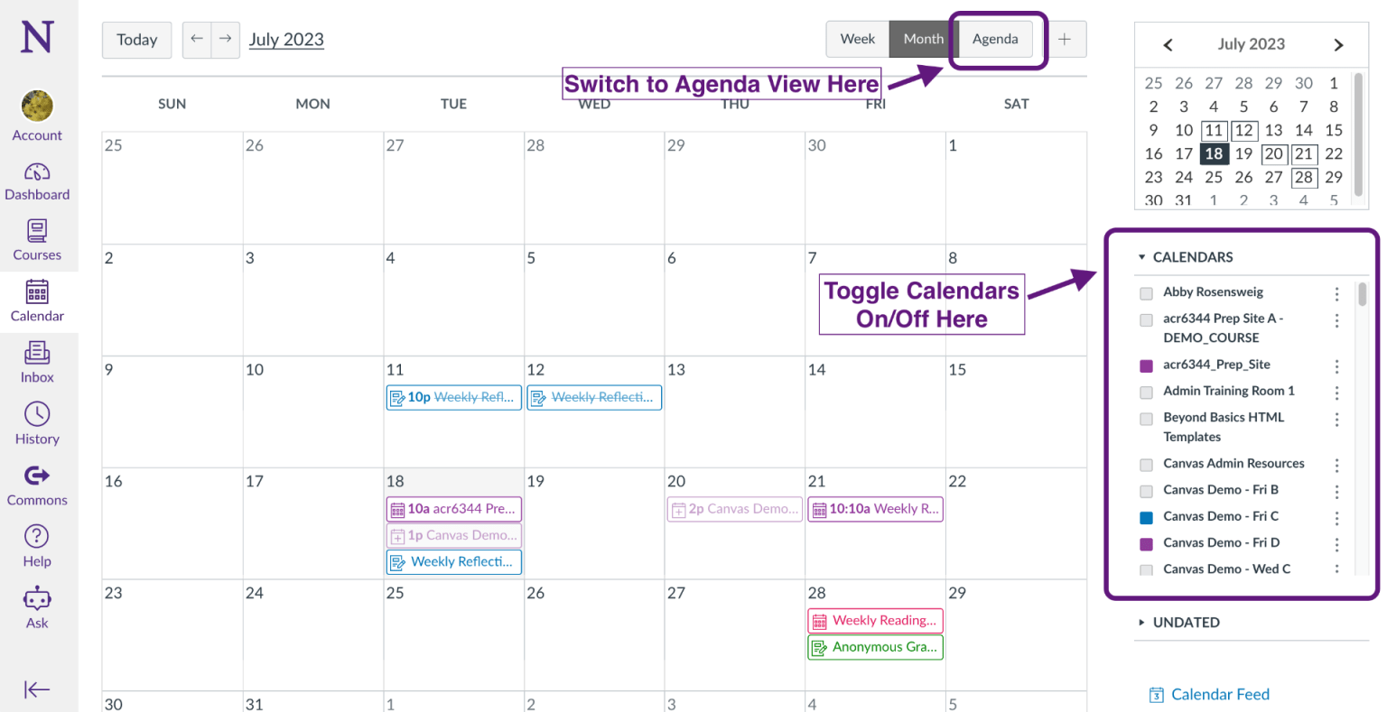 Screenshot of Canvas Calendar with calendar list highlighted on right side and Agenda view highlighted at top