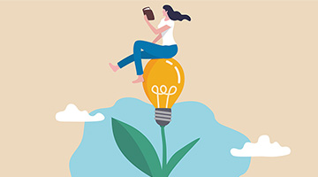 Illustration of student reading on a flower lightbulb