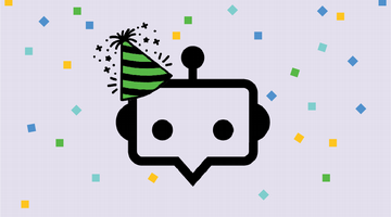 chatbot with a birthday hat and confetti